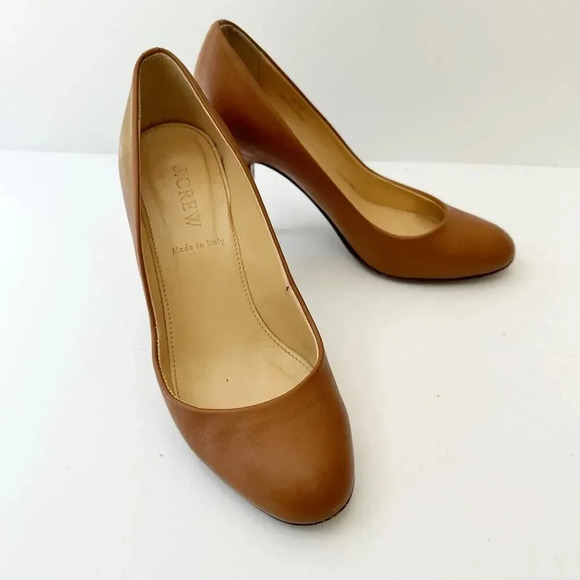 J. CREW Size 6 Tan Dark Brown Leather Round Toe Stiletto Heels - Picture 3 of 8
